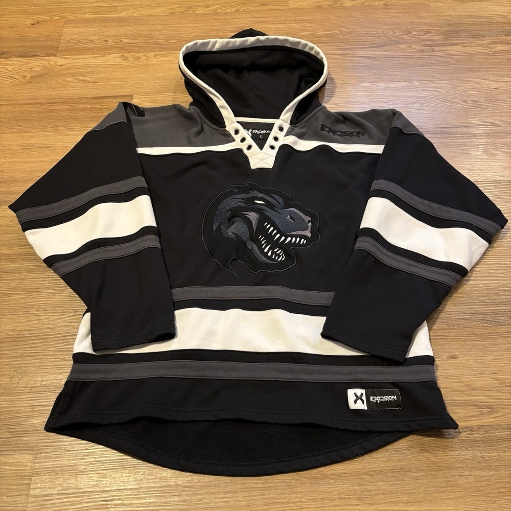 Excision Hockey Jersey Hoodie Mens Large Black Grey White Dinosaur Lace Up EDM